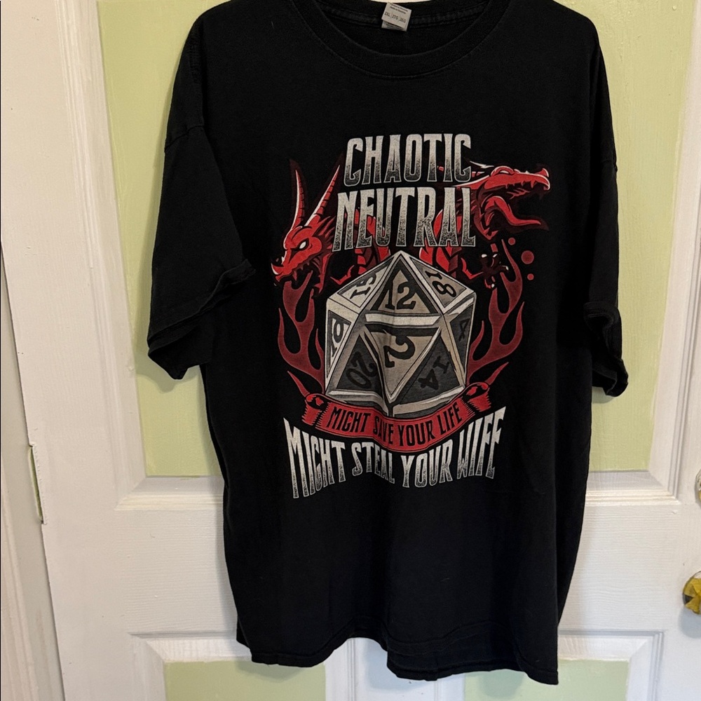 (1779) Black Chaotic Neutral Graphic T-Shirt with Red and Gray Design, Size: 2XL